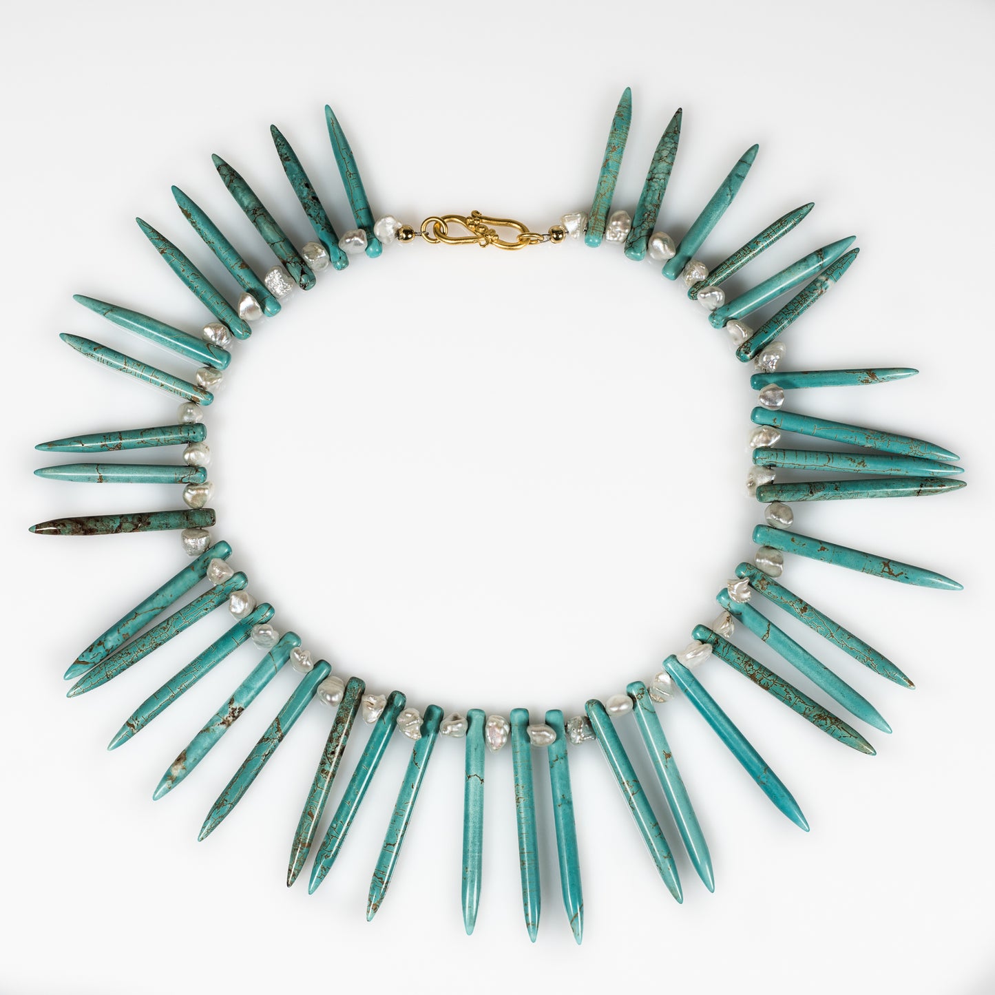 statement turquoise necklace, pearl and spikes necklace