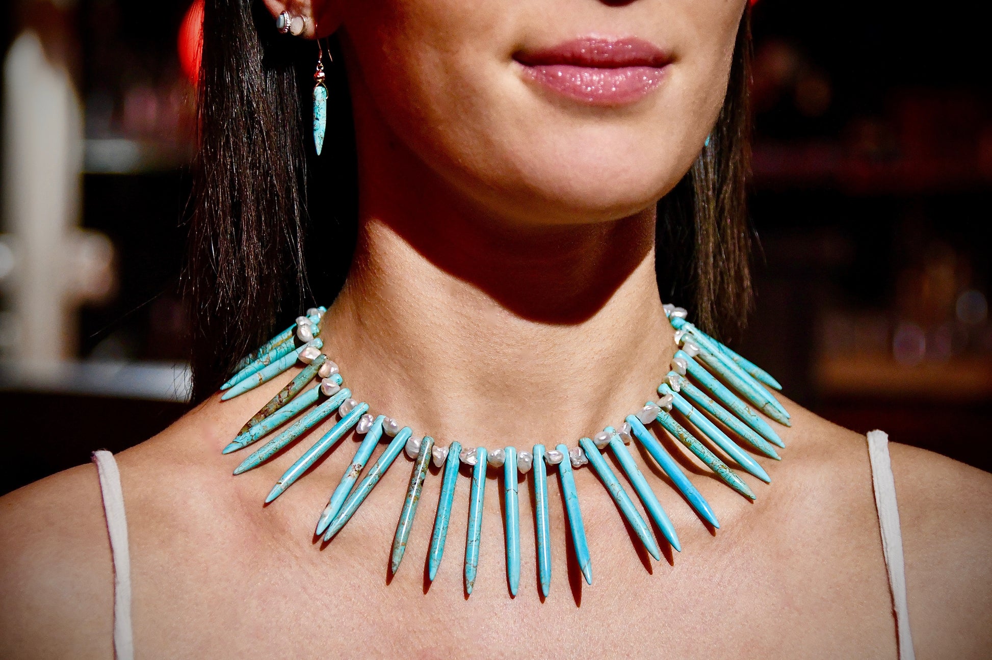 statement turquoise necklace, pearl and spikes necklace